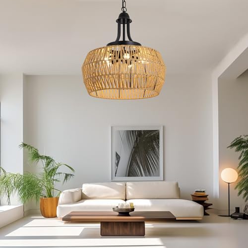 GDFFZM Rattan Chandelier Boho Dining Room Light Fixture Ceiling Hanging 3-Light Farmhouse Rattan Pendant Light with Woven Lampshade Coastal Chandelier for Kitchen Island Bedroom Hallway - Image 7