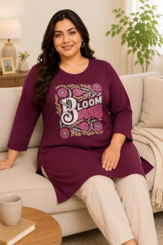 Image of RYSH Women's Plus Size Printed Nightshirt | Round Neck | 3 /4 Sleeve | Relaxed Fit Long Nightwear Top |