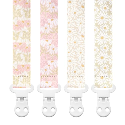Image of Stadela Baby Fabric Pacifier Clip Holder, Plastic Clip, 4‑Pack, Flowers Pattern, Poloma Set