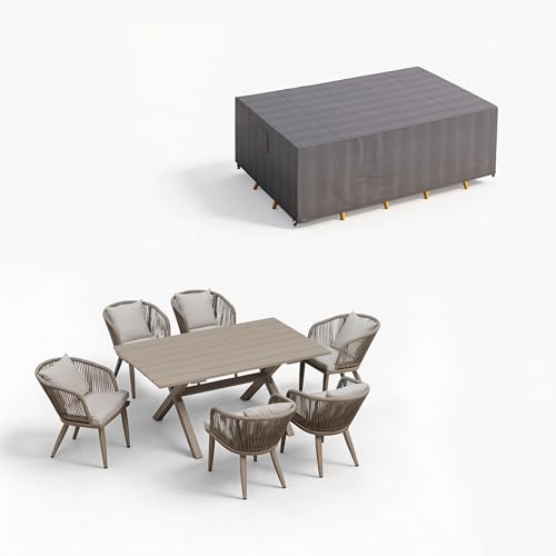 Image of PURPLE LEAF 7 Pieces Patio Dining Set with Waterproof Furniture Cover Rectangular Table and Chairs Set for Garden Deck Aluminum Frame Backyard Kitchen Set, Cushions and Pillows Included Champagne