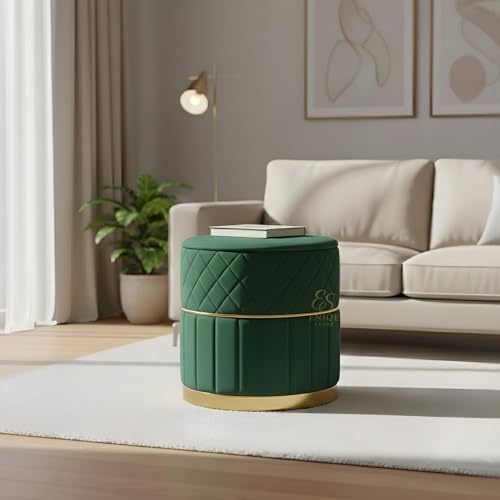 Image of Set of 2 Round Velvet Ottoman Footstool Gold Base - Tufted Upholstered Pouffe Stool for Living Room, Bedroom & Dressing Area (Green)