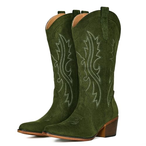 Image of IUV Cowboy Boots For Women Western Cowgirl Boots Mid Calf Snip Toe | Chunky Heel Ideal for low insteps