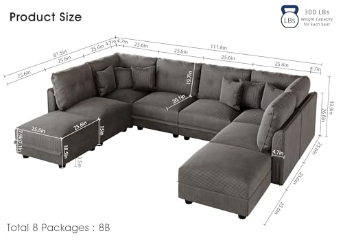Image of LLappuil 112 inch Modular Sectional Sofa with Storage, U Shaped 8-Seat Pet-Friendly Corduroy Couch with 8 Throw Pillows, Convertible Sofa Set for Living Room & Apartment, Scratch Resistant, Grey