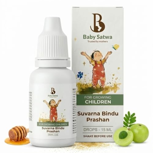 Image of Baby Satwa Swarnaprashan for Kids with 24 CT Gold Immunity Booster Drops for Healthy Growth, Strength & Overall Development, 100% Ayurvedic, FDCA Approved, 15ml, Age 0-15 Years (Pack of 1)