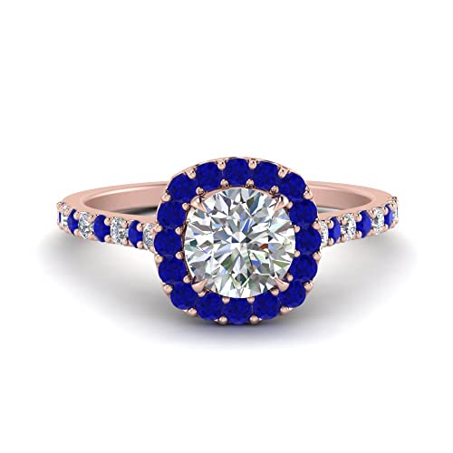 Image of Choose Your Gemstone Round Diamond CZ Square Halo Ring Rose Gold Plated Round Shape Petite Engagement Rings Matching Jewelry Wedding Jewelry Easy to Wear Gifts US Size 4 to 12