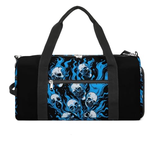 Blue Flames Skulls Funny Gym Bag Travel Tote Bag Duffel Bag with Shoe Compartment for Weekender Sports Vacation