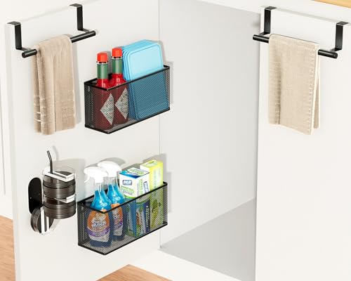 VITVITI 5 Pack Cabinet Door Organizer, Kitchen Over the Door Towel Holder and Tumbler Lid Organizer, Metal Adhesive Bathroom Inside Cabinet Doors Basket, Black