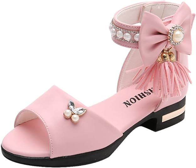 Girl's summer ankle sandals square heel with tassels and pearls princess party shoes