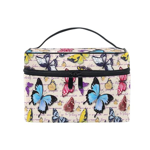 Mnsruu Makeup Bag, Vintage Butterfly Hand Written Text Travel Makeup Organizer Bag Cosmetic Cases Toiletry Bags for Girl Women Ladies