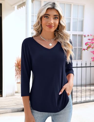 KTILG Women's V Neck T Shirts 3/4 Sleeve Blouse Summer Tops Dressy Casual Solid Basic Tees2