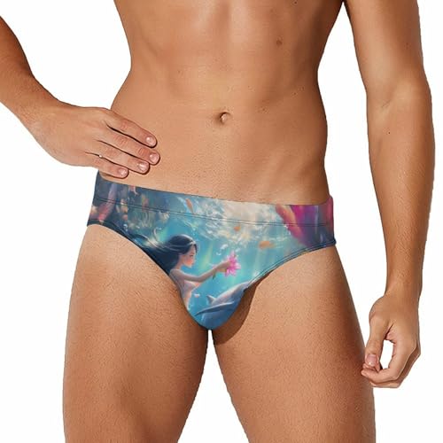Mermaid and Whale Printed Swim Briefs for Men Sexy Bikini Swimwear Elastic Beach Trunks Bathing Suit