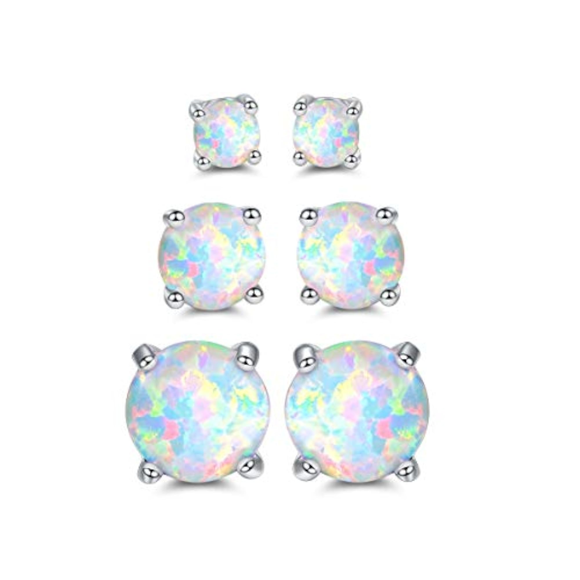 18K White Gold Plated Created Opal Stud Earrings, 3 Pack Set