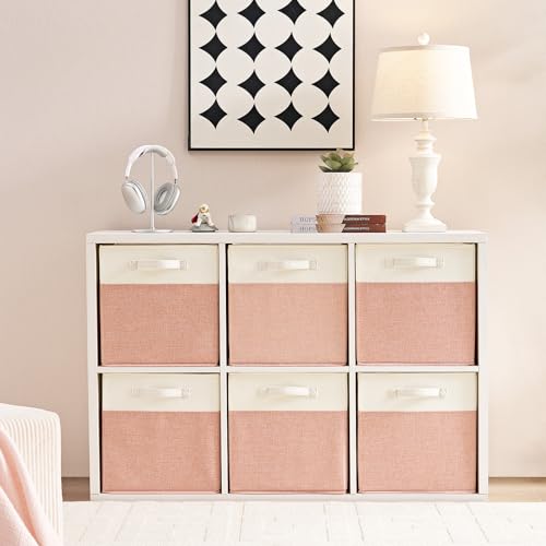 Mangata Aufbewahrungsbox 25x25x25 cm, faltenfrei Stoff Aufbewahrungskörbe für Kleiderkörbe, Körbe, Truhen, Spielzeug (Rosa / Beige Weiß)