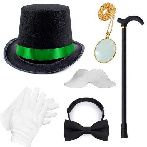 Shopular Monopoly Cosplay Costume Accessories 1920s Gentleman Magic Hat Stick Magnify Glass Necklace Beard Mens Kids Halloween Party (Green Adult)