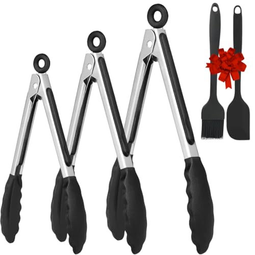 VERALY.MX | Paquete 5pcs Pinzas de Cocina, 3 piezas 7''/9''/12'' de Acero Inoxidable con Seguro 2 Espatula Miserable, Tenazas con Puntas de Silicona Antiadherentes, Alta...