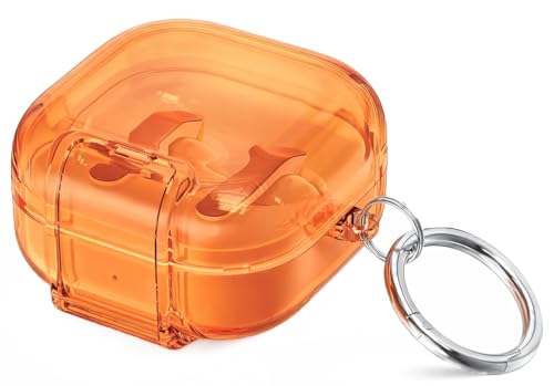 Image of Hybrid Transparent Case for Samsung Galaxy Buds 4 and 4 Pro with Metal Keyring, Built-in Phone Stand, Locking-Switch Cover (Transparent Orange, Clear Lock with Stand)