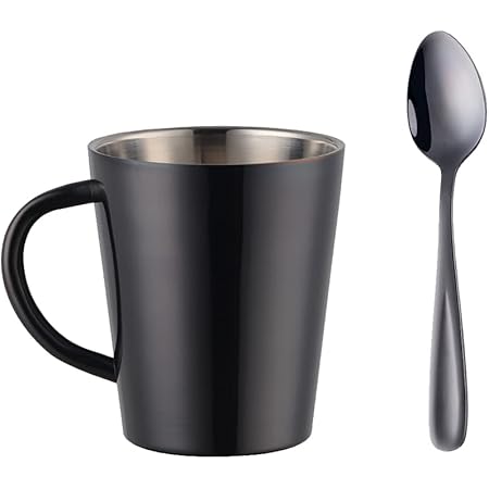 Amazon マグカップ コップ コーヒーカップ 18 8ステンレス製 スプーン付き 軽量断熱材 300ml 二重構造 保冷保温 おしゃれ 食洗機対応 多色選択可能 ブラック 水筒 マグボトル 通販