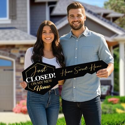 Real Estate Photo Props Set, Black and Gold Just Closed and Home Sweet Home Signs, 24x10 Inch Coroplast, for House Closing Celebrations