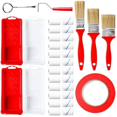 Lasnten 20pcs 2inch Small Paint Roller Kit with Tray Small Fine Finish Paint Roller Kit Including Sponge Cover Fluff Cover Bottle Opener Bracket Paint Tray Brushes Set for Home Painting Commercial Use