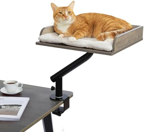 PAWZ Road Katzenbett für Schreibtisch, Holz-Katzenbett, Katzenkorb | für drinnen, 360° drehbar & höhenverstellbar, Katzen Hängematte für Kratzen, unterstützt bis zu 23kg, Grau
