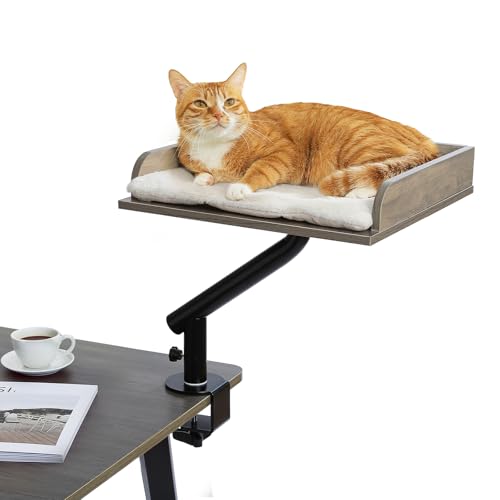 PAWZ Road Katzenbett für Schreibtisch Holz-Katzenbett für drinnen Katzenkorb 360 drehbar & höhenverstellbar Katzen Hängematte für Kratzen unterstützt bis zu 23kg Grau
