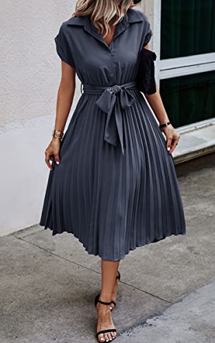 Image of ECOWISH Womens Casual Midi Dresses Solid V Neck Short Sleeve Button Shirt Belted Dress with Pockets for Spring Summer 2026