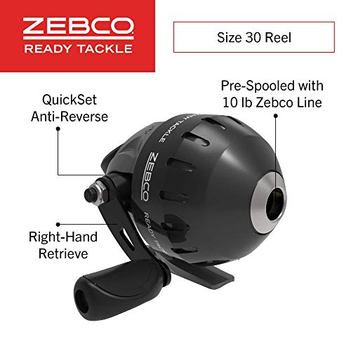 Zebco Ready Tackle Spincast Reel and Fishing Rod Combo, 5-Foot 6-Inch 2-Piece Fishing Pole, Size 30 Reel, Right-Hand Retrieve, Pre-spooled with 10-Pound Zebco Line, 45-Piece Tackle Kit, Black