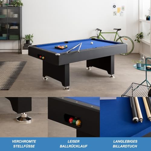 Winsport Billardtisch Blackstar, Pool Tischgrößen 5ft. & 6ft., inkl. komplettes Spielzubehör, Schwarzer Pool Billard Tisch, zuhause, Kinder & Jugendeinrichtungen, blaues Tuch, Spieplatte aus Werkstof – Bild 4