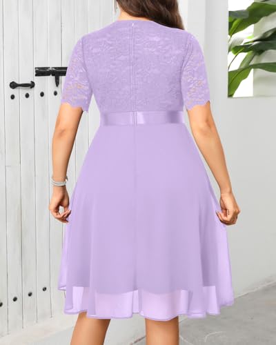 Image of Talisea Plus Size Wedding Guest Dress - Formal Cocktail Party Ruffle Elegant Tea Length Lace Chiffon V Neck Midi Dresses