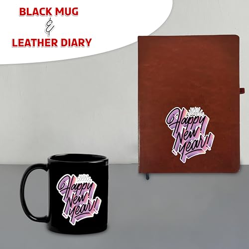 Image of SAVRI New Year Gift Hamper - Leather Diary and Black Patch Mug with Happy New Year Quote - Ideal Gifts for Employees, Corporate Use, Men, Women, Teachers, College, and School (Brown)