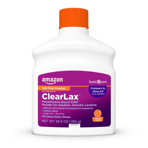 Amazon Basic Care ClearLax Laxative Powder for Gentle Constipation Relief Softens Stool Polyethylene Glycol 3350 Orange Flavor 1.68 pound (Pack of 1)