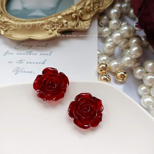 925 Silver rose earrings, beautiful blooming carved Red flowers earrings small resin for female teen mother3
