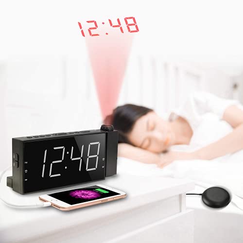Luide wekker met bedschudder, projectiewekker voor de slaapkamer, trilwekker voor zware slapers met gehoorbeperking, plafondklok met groot led-display dimmer, USB-oplader, 12/24 H, DST - Image 6