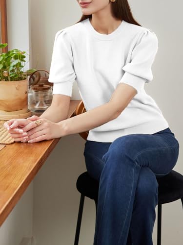 Image of Womens Puff Sleeve Knitted Sweaters Short Sleeve Crew Neck Tops