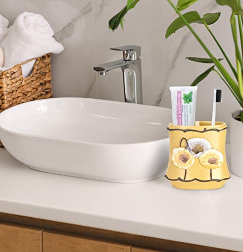 Zahari Home 4Pc Poppy Fields Yellow Bathroom Accessories Set Hand Soap Dispenser, Tumbler, Tooth Brush Holder And Soap Dish Modern Contemporary Decor Complete Bathroom Sets With Shower Curtains #TOP3