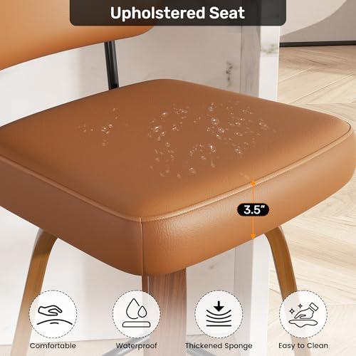 Image of Swivel Bar Stools Set of 1, 26 inch Upholstered Faux Leather Counter Height Barstools with Walnut Back & Bentwood Legs, Mid Century Modern Bar Chairs Island Stools for Kitchen Counter, Brown