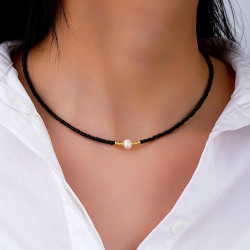 Vintage Seed Bead Choker Necklace Pearl Pendant Necklace Black Rice Bead Necklace Short Seed Bead Chain Necklace Boho Pearl Neckclace for Women2