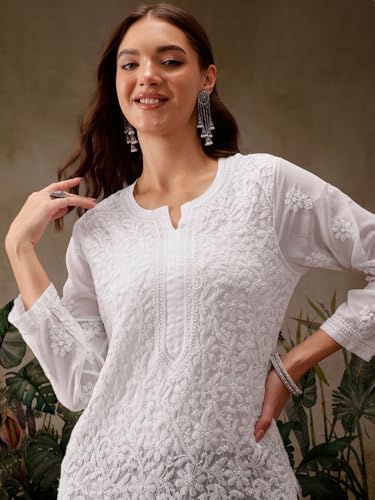 Image of Ada Lucknow Chikankari Hand Embroidered Faux Georgette Kurta Kurti Tunic Dress for Women A95504