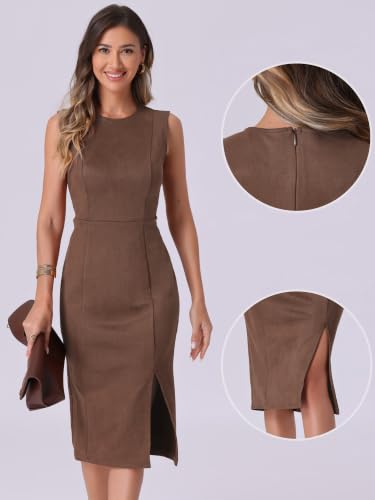 Image of Allegra K Faux Suede Dresses for Women's Sleeveless Crewneck Split Hem Work Office Sheath Dress