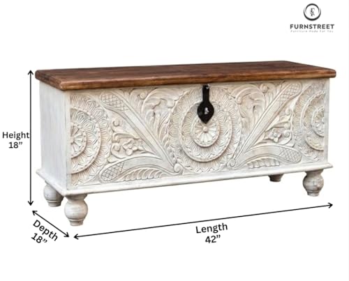 Image of Solid Mango Wooden Handcarved Wooden Storage Trunk | Coffee Table | Center Table For Living room, Bedroom, Hotel & Home, White Distress, (45D x 106W x 45H Centimeters)