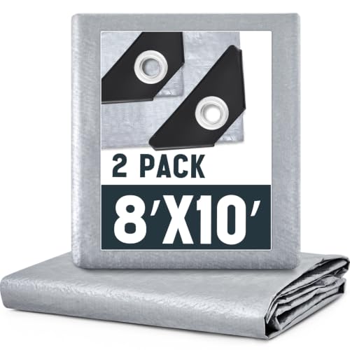 Image of 2 Pack 8 x 10 ft 5.5 Mil Tarps Heavy Duty Waterproof Tarp Multi Purpose Tent Cover for Home Boats Cars Camping Patio Furniture Roof Emergency Rain Protective Cover, Silver