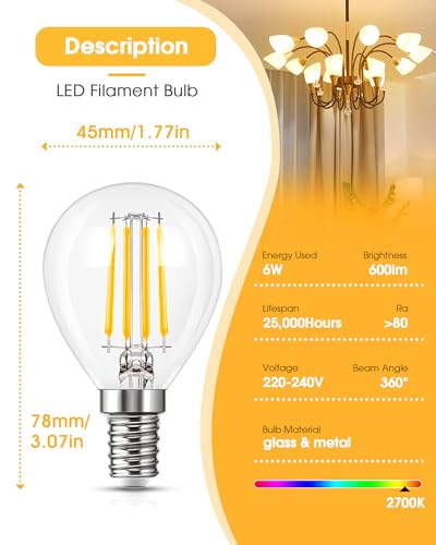 EvaStary 6W E14 Small Edison Screw Filament Bulb, 60W G45 Golf Ball LED Mini Globe Bulb 2700K Warm White, 600LM LED Vintage Glass E14 Bulbs, Non-Dimmable, 3 Pack - Image 2