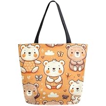 حقيبة يد من القماش بنمط سلس من ALAZA من تصميم Cute Doodle Bears للنساء أثناء السفر والعمل والتسوق والبقالة ومقبض علوي وحقائب يد كبيرة قابلة لإعادة الاستخدام وحقائب كتف قطنية