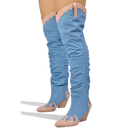Cape Robbin Jeans Cowboy Women Over The Knee, Western Cowgirl Booties with Chunky Block Heels, Fashion Dress Boots - Denim Size 72