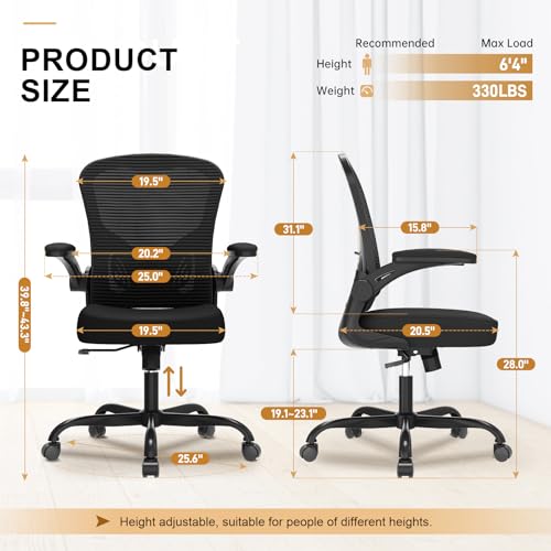 Image of Office Chair, Ergonomic Desk Chairs 330LBS Capacity High Back Mesh Computer Chair with Flip-up Armrests, Comfy Work Chair with Adjustable Lumbar Support (Pack of 2)