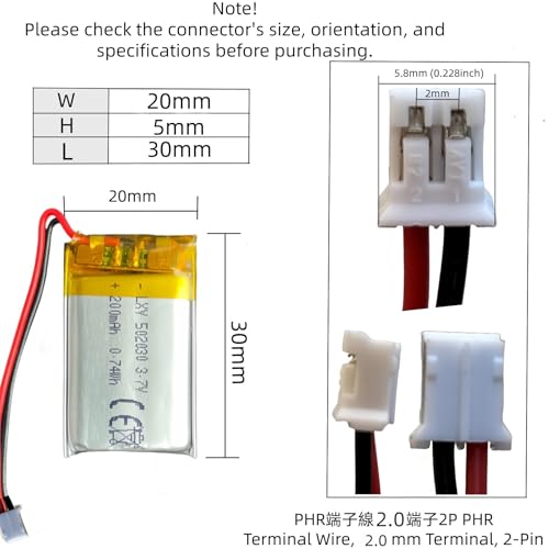 2er Set 3,7V 200mAh LiPo Akku 502030, JST 2.0 Stecker, wiederaufladbar, für DIY Projekte, RC Modellbau, Drohne, LED und kleine elektronische Geräte – Bild 3