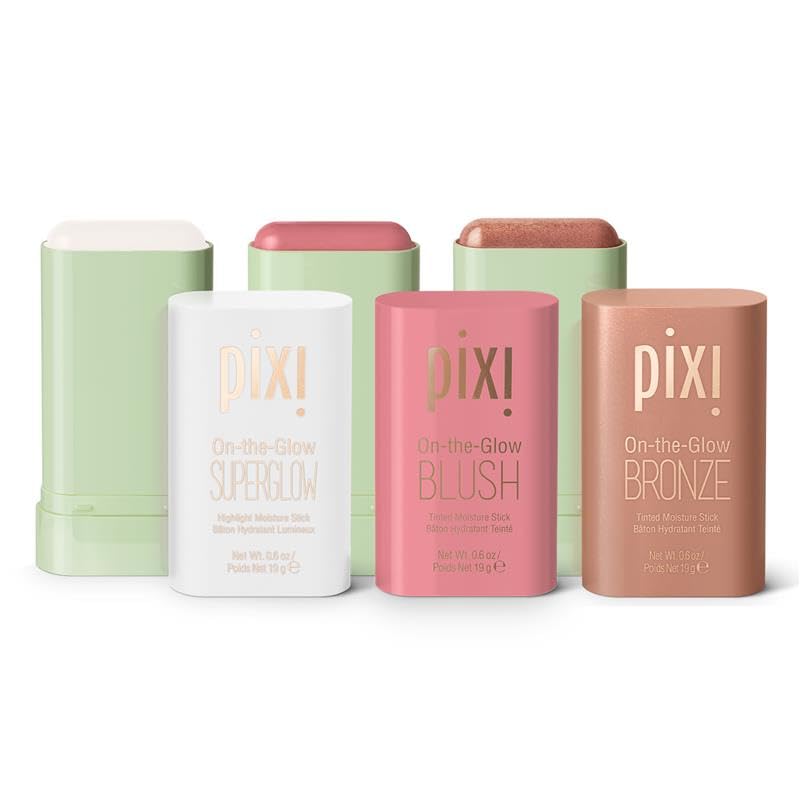 Pixi Beauty Radiance Ready On-the-Glow Trio | Hydrating Hydrating Tinted Moisture Stick Blush Bronzer and Highlighter Set | Travel Size Vegan and Paraben-Free