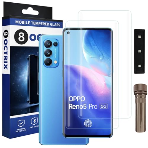 Image of Curved UV Tempered Glass Screen Protector for Oppo Reno 5 Pro | Transparent | Pack of 2 | Full Screen Coverage with UV Installation Kit