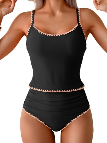 Image of Eomenie Tankini Swimsuit for Women Tummy Control Ruched Two Piece Bathing Suits High Waisted Shell Stitch Swimwear