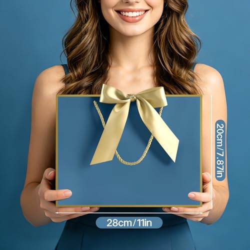 Image of JMANNI Gift Bags with Handles, 11 inch Small Gift Bag for Presents, 2 Pcs Bags with 4 Tissue Paper and 2 Cards for Baby Shower Wedding Bridal Shower Mother's Day Birthday Party (Golden-Blue)